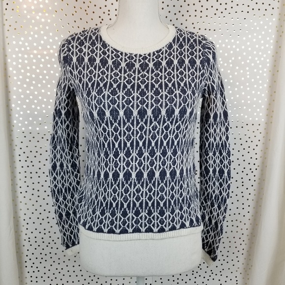 Loft | Blue & White Patterned Linen Hi-Lo Sweater - Picture 1 of 7